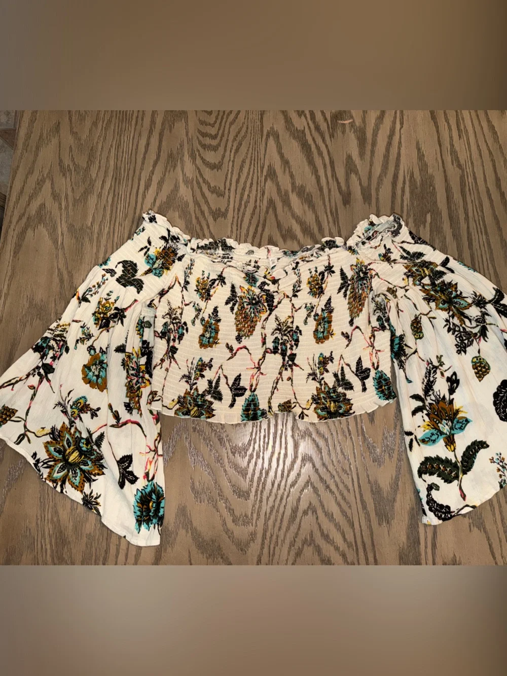bp Cream Floral Off-Shoulder Smocked Top with Teal & Mustard Accents
